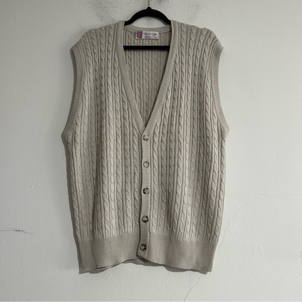 Vintage Spun Silk Cable Knit Sweater Vest Large Fisherman Preppy Old Money